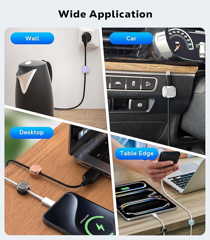 MoKo 6 Pack Magnetic Cable Clips, Under Desk Cable Management, Adhesive Magnetic Cord Holder, Magnetic Cord Organizer Wire Holder Keeper Organizer for Nightstand Desk Office Car Wall Glass, O+P+B+W+B