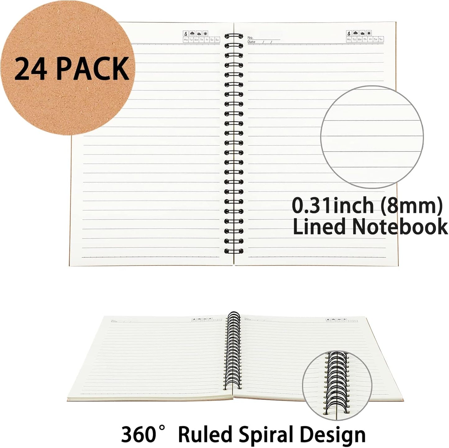 24 Pack A5 Spiral Notebooks Journal with Kraft Cover, 5x8 Inches, Ruled Lined Paper, for Work, Sketches, Study, Notes Taking, Gifts, Brown (24 PCS(Lined))
