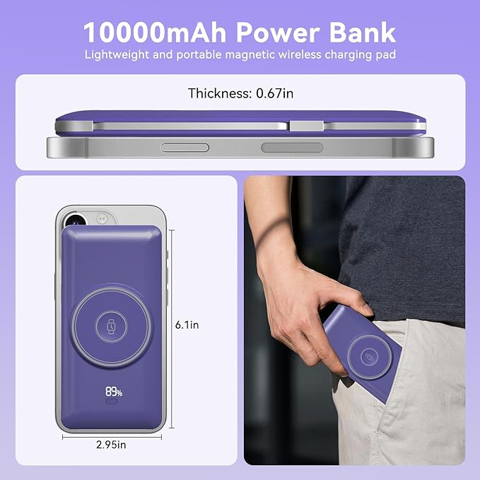 Magnetic 10000mAh Portable Charger for iWatch & iPhone, 22.5W USB C Fast Charging Wireless Power Bank Built-in Cables and Wall Plug, External Travel Battery Pack Compatible with iOS Android Devices