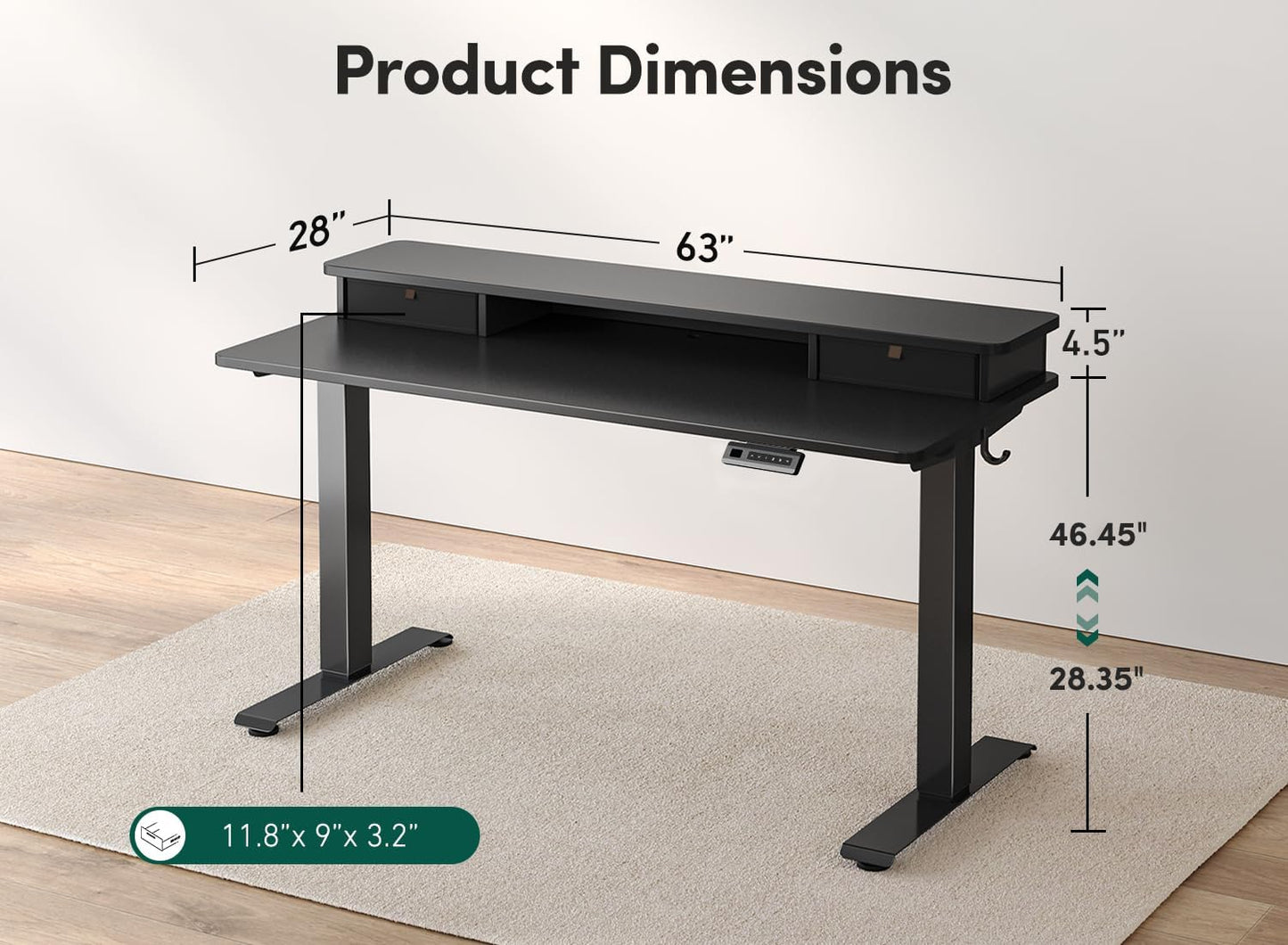 FEZIBO 63 x 28 Inch Deeper Height Adjustable Electric Standing Desk with Double Drawers, Sit Stand Up, Home Office Computer Desk with 4 Height-Adjustable Feets & 2 Hooks, Black Frame/Black Top