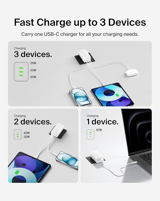Belkin 3-Port USB C Charger Block 67W - PPS USB-C PD3.1 PPS Super Fast Charging - Samsung Galaxy S25, Apple iPhone 17, Air, Pro, MacBook, AirPods, Apple Watch, Nintendo Switch 2 & More - White, 2-Pack