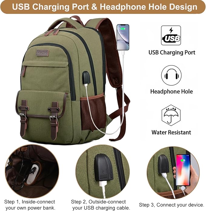 Mactso Canvas Travel Laptop Backpack for Men Women, Business Work Rucksack College School Computer Bag Fits 15.6 Inch Notebook,Bookbag with USB Charging Port (Green, 15.6 Inch)