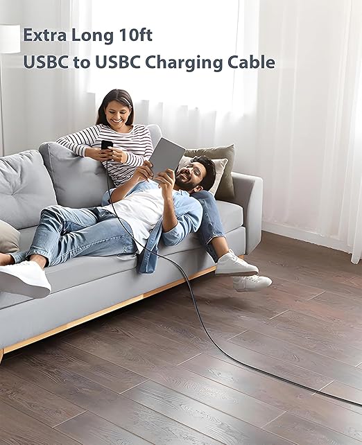 100W USB C to USB C Cable Long 2Pack 10 FT Type C Charger Cable 5A Fast Charging Cord Compatible with iPhone 16 Plus/16 Pro/15 Pro Max Samsung S24 S23 MacBook Air iPad Pro Carplay