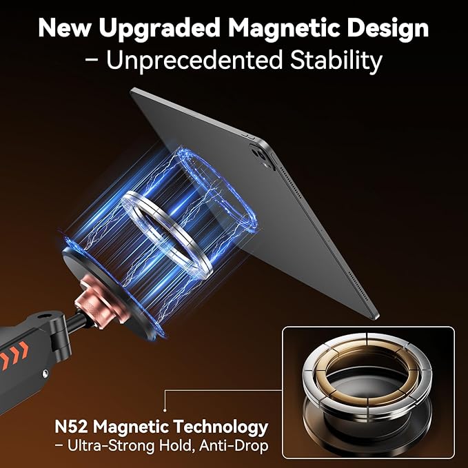 Magnetic Tablet Stand, Adjustable Desk Mount for iPad & All Tablets, 360° Rotating Foldable Arm with Gas Spring, Heavy Duty Aluminum, for Home Office, Kitchen, Bedside, Studio, Black