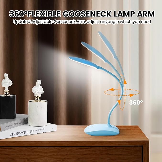 Battery Powered Desk Lamp, Portable Lamps Rechargeable 3 Color Modes Touch Control Stepless Dimming, Wireless Desk Lamp with 2000mAh, Small LED Table Light for Dorm Study Office Bedroom,Blue
