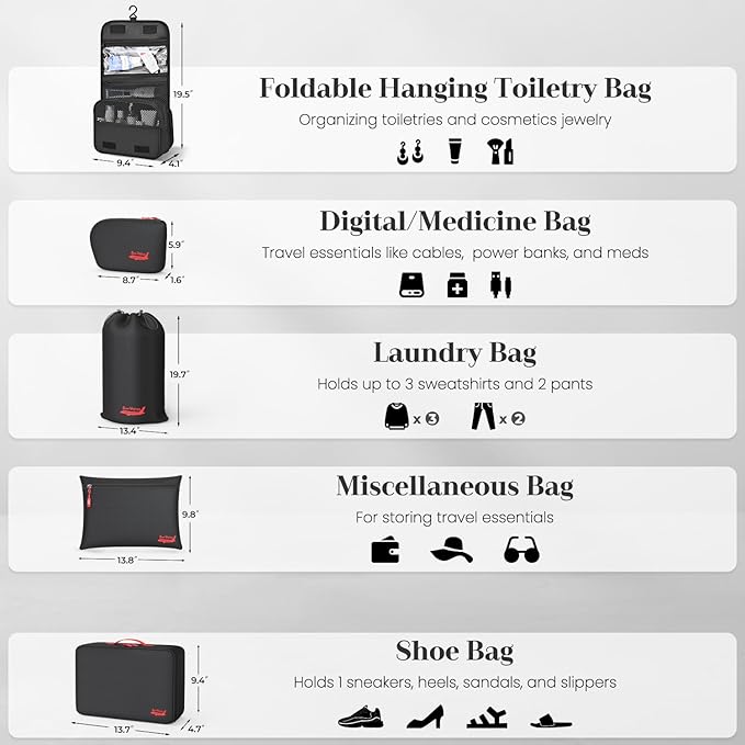 9 Set Compression Packing Cubes for Travel, Waterproof Organizer Set with Underwear Bag, Hanging Toiletry Bag, Shoe Bag, Laundry Bag & Digital Pouch (Black)