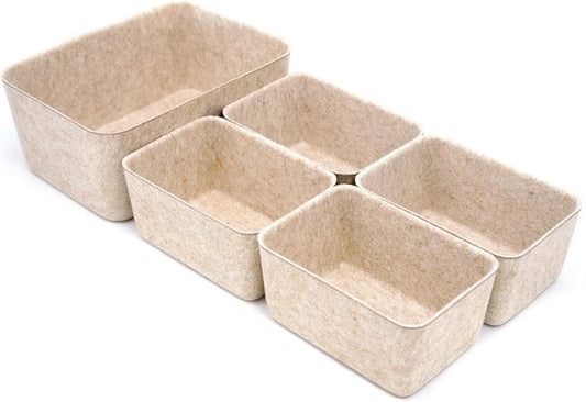 Welaxy 5-piece Drawer organizers dividers storage bins deep storage bin aesthetic wabi-sabi Scandinavian-chic storage bin hygge sleek minimalist lifestyle gifts (Oatmeal)