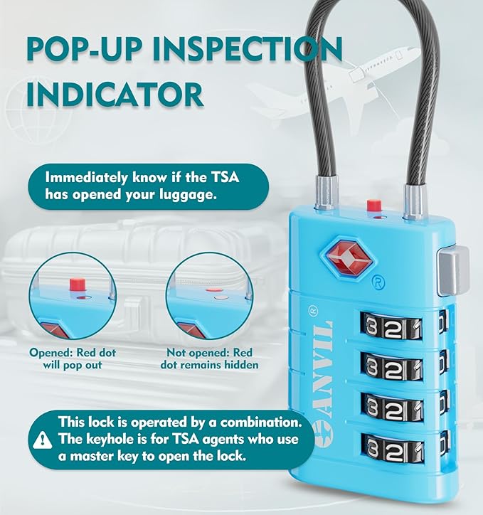 ANVIL 4 Digit Luggage Locks, TSA Locks for Luggage, Advanced TSA008 core, Alert Indicator for Your Travel Lock, Suitcase Lock. (3, Blue)