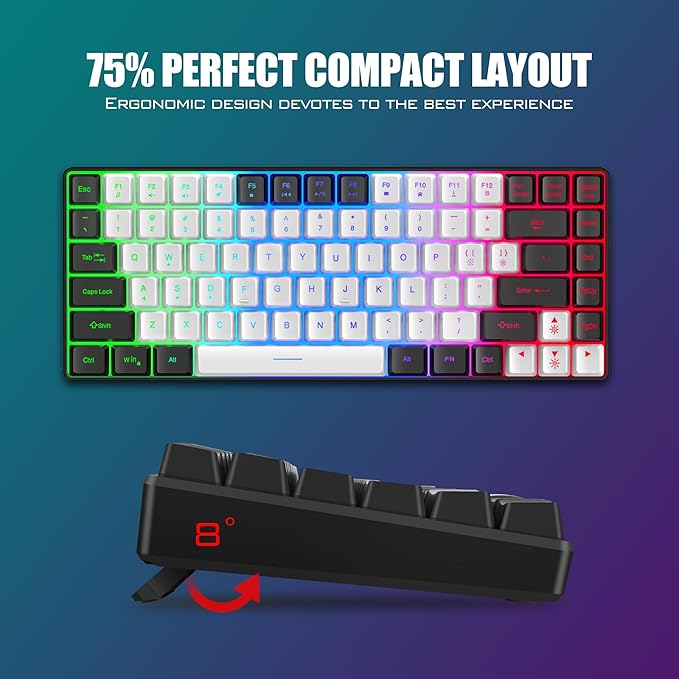 RedThunder K84 Wireless Keyboard and Mouse Combo, LED Rainbow Backlit Rechargeable Battery, 75% Layout TKL Ultra Compact Gaming Keyboard & Lightweight 3200 DPI Honeycomb Optical Mouse (White-Black)