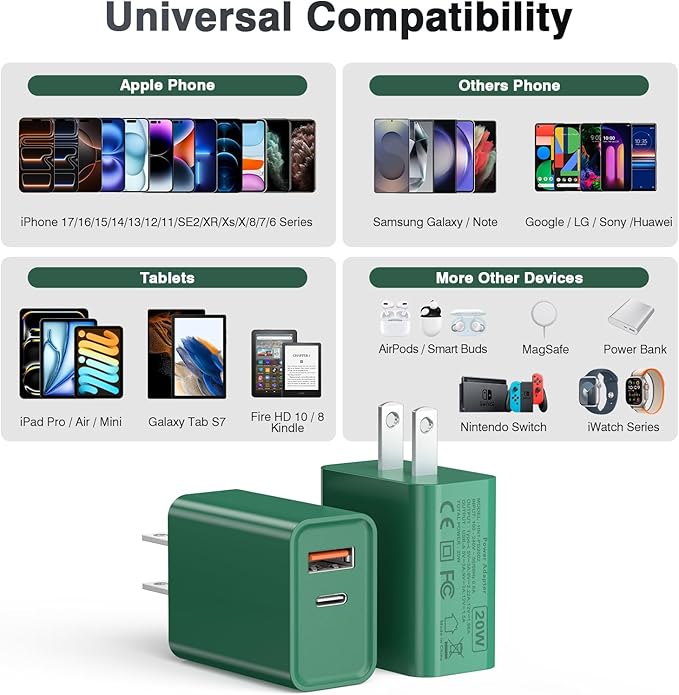 2Pack 20W Type C Charger, Dual Port USB C Wall Plug 20W PD & QC3.0 USB A Fast Charging Block for iPhone, Samsung Galaxy, Google Pixel, Motorola, Oneplus Kindle Cargador Cube Brick Box, Green