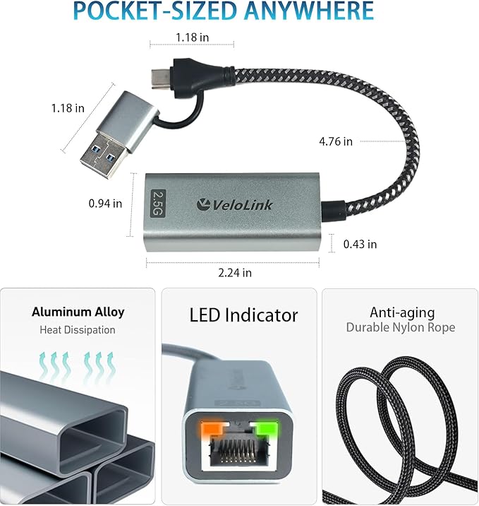USB to Ethernet Adapter, 2.5Gbps USB C to RJ45 Gigabit LAN, 2-in-1 Ethernet Adapter for Laptop (Thunderbolt 4/3 Compatible), Aluminium Shell&Nylon Cable for Laptop, MacBook,Chromebook,PC and More