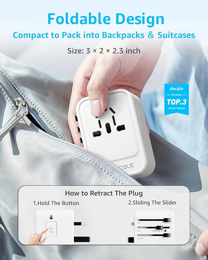 Universal Travel Adapter, International Travel Plug Adapter with 2 USB-C(PD 20W) ＆ 1 USB-A Ports, All in One Portable Adaptor, for USA, UK, EU, AU ＆ 224+ Countries (White) US