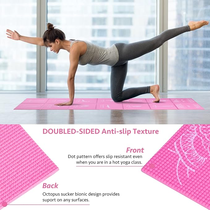 Foldable Yoga Mat for Women, Non Slip Exercise Mat for Home Gym, 5mm Travel Yoga Mats Set With Stretch Strap for Yoga Pilates and Fitness, 68"L x 24"W x 0.2 Inch Thick