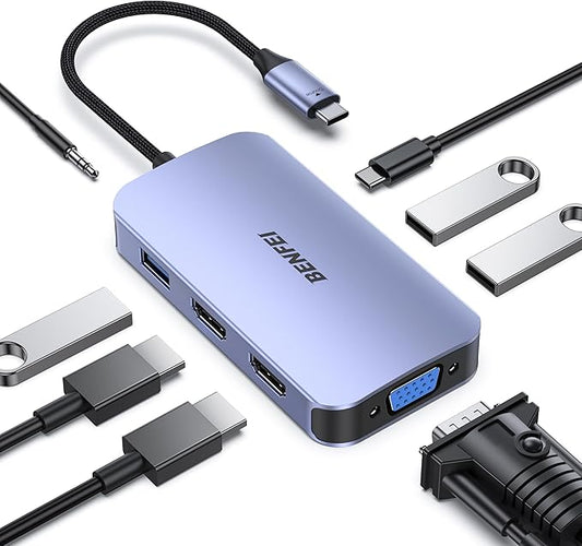 BENFEI USB C Docking Station, 8-in-1 USB C Hub with Triple Display Dual HDMI, VGA, 3*USB 3.0, 100W Power Delivery, 3.5mm AUX Audio Compatible with MacBook Pro, XPS and More