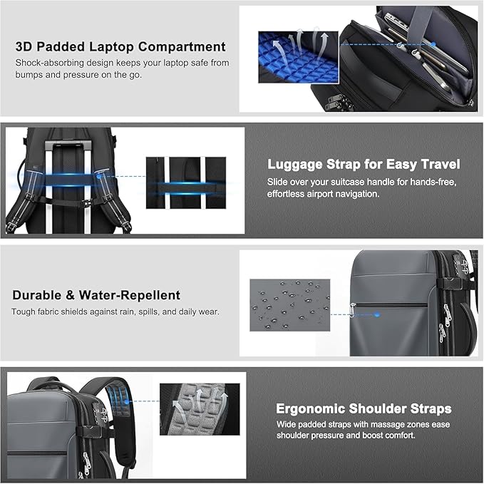 Vacuum Backpack Travel – Expandable Compression Carry On Backpack with Vacuum Pump, Water-Resistant TSA Lock Travel Bag, 17" Laptop Backpack for Men Women, Business Airplane Flight Luggage, Light Grey