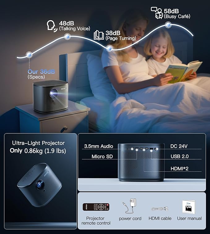 Miroir Mini Projector, Home HD Projector with Built-in Speaker, Auto Focus, Keystone Correction, Portable for Outdoor Movies, Compatible with Smartphone, TV Stick, Laptop, HDMI, USB