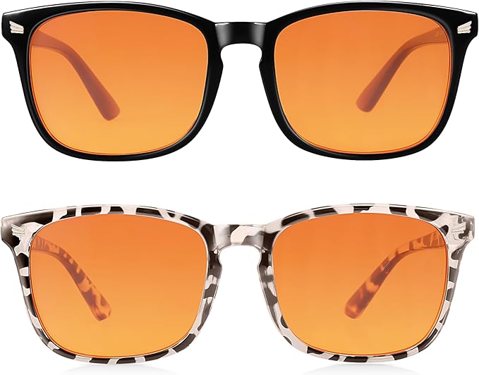 2 Packs Professional Sleep Glasses with 98.7% Blue Light Blocking Dual AR Coatings Amber Lens, Computer Gaming Glasses for Men Women, Anti Fatigue & Eye Strain