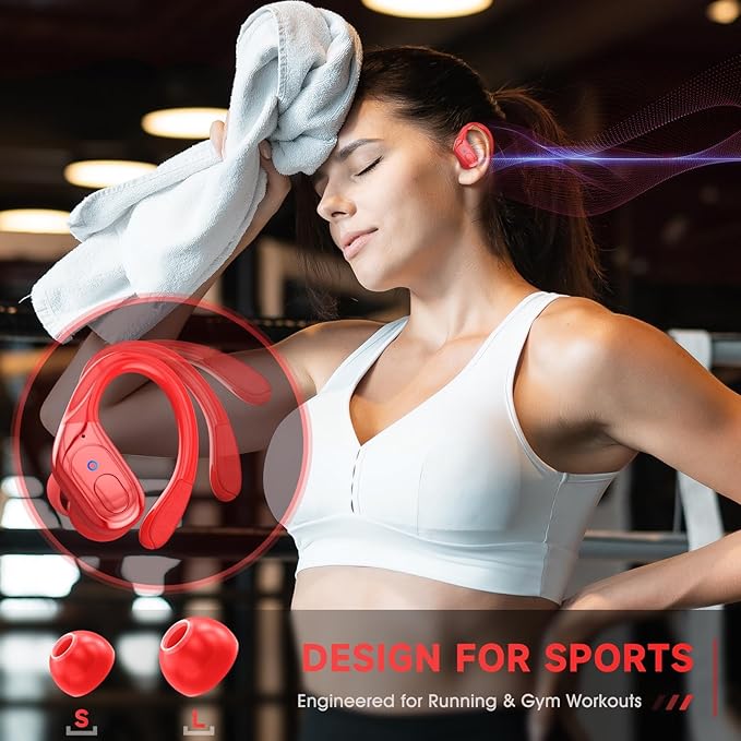 Wireless Earbuds Bluetooth 5.4 Headphones, Noise Canceling Ear Buds with 75hr Playtime, LED Power Display, IPX7 Waterproof Earphones Over-Ear Earphones for Sports/Workouts - Red