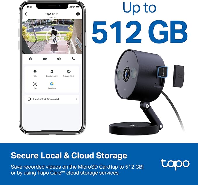 Tapo by TP-Link 2K QHD Security Camera Indoor/Outdoor, Color Night Vision, Free Person/Pet/Vehicle Detection, Baby Monitor, Local/Cloud Storage, IP66, Dual-Spotlight, Black(C121)