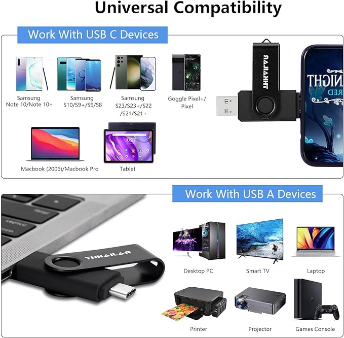 Thkailar 1TB USB 3.1 Flash Drive,2-in-1 USB A & Type-C Memory Stick, High-Speed Jump Drive, USB C Thumb Drive for Data Storage, Compatible with Samsung, Mac, PC, iPhone 15/16, Smartphones (Black)