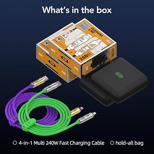 MFish 240W 4-in-1 Universal USB Charging Cable [2 Pack, 6.6ft] – Fast Charger Cord with USB-A, Dual USB-C & Lighting, for iPhone 14/15/16/17 Series, iPad & MacBook & More (2PACK, Purple+Green, 6.6Ft)