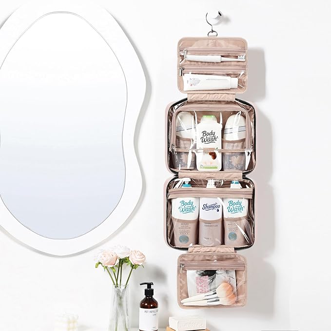 NISHEL Travel Toiletry Bag for women, Portable Hanging Organizer for Family-Sized Shampoo, Conditioner, Brushes Set, Makeup Accessories, Extra Large Size, Pink