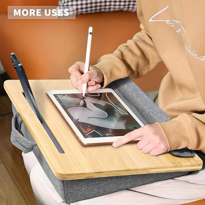 Lap Desk for Laptop with Cushion, Bamboo Laptop Stand with Anti-Slip Strip Tablet Phone Holder, Fits up to 15.6 inch Portable Computer Lap Desk for Couch, Bed & Car