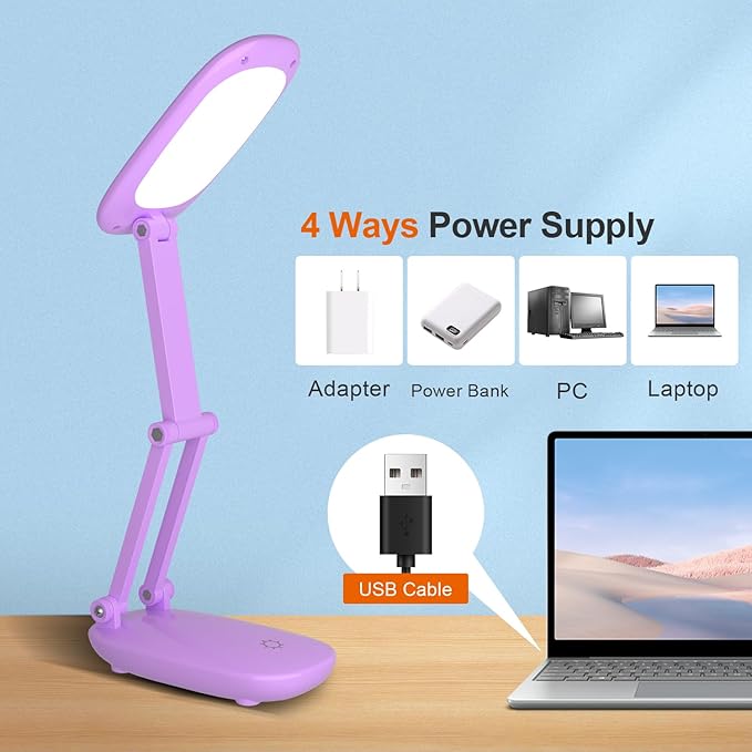 LED Desk Lamp for Office Home & Battery Operated Lamp Rechargeable Lamp Foldable & Portable Light, [2-Fold Bracket] 3 Brightness Dimmable Small Desk Lamp Wireless Reading Lamp (Purple)