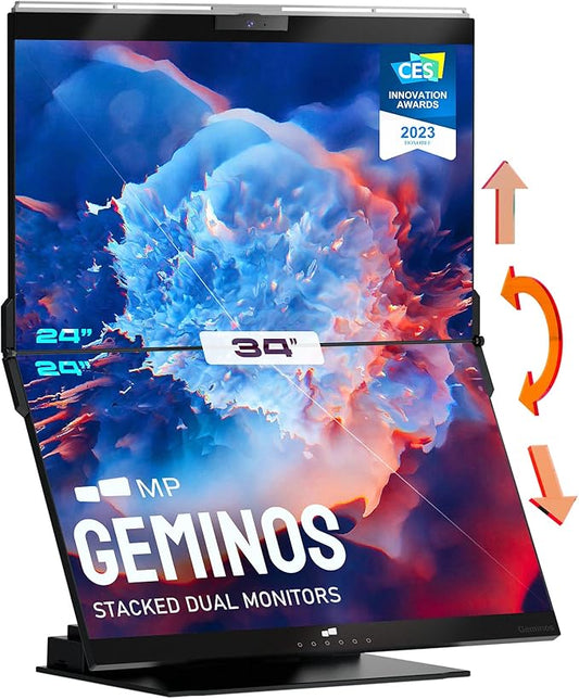 Mobile Pixels Geminos Dual 24" FHD Stacked Desktop Monitors with 1080P Webcam&Speakers, 100W USB-C Charging, All-inclusive HDMI/USB A/USB C Infinitely Adjustable Computer Monitor (2 Monitors)