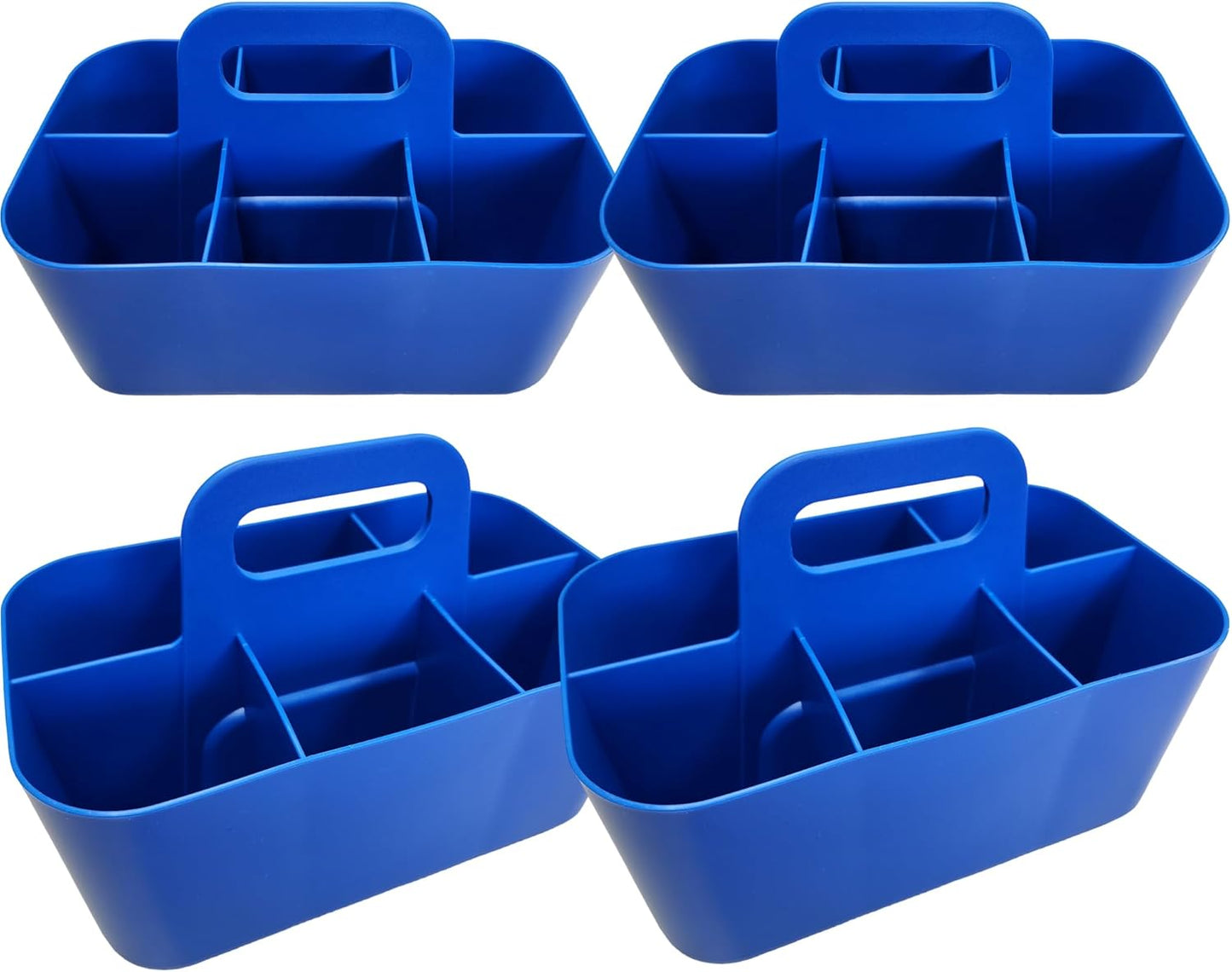Small Stackable Plastic Caddy with Handle 6 Compartment | Desk, Makeup, Dorm Caddy, Classroom Art Organizers - 4 Pack, Made In USA (Blue)