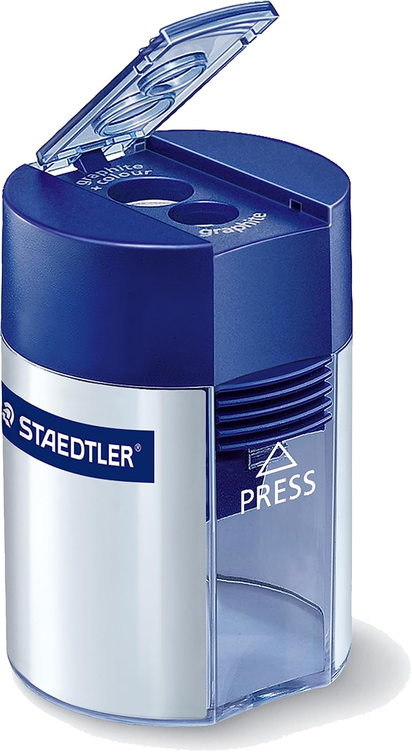 STAEDTLER Mars Lumograph Art Drawing Pencils (Graphite, 12 Pack in Metal Case) with Double Hole Pencil Sharpener