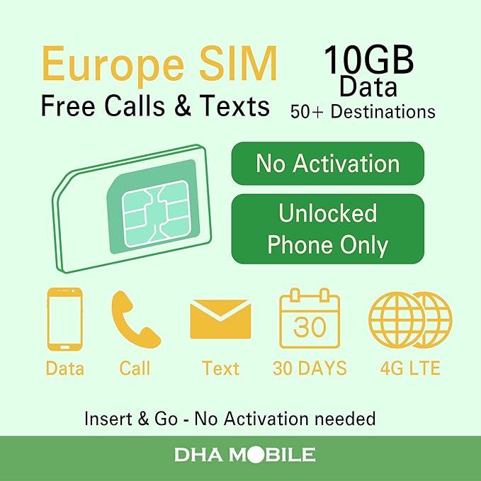 Europe SIM Card 30 Days 10GB | Free Calls & Texts | Works in 50 Destinations (UK, France, Italy, Spain & More) | 3-in-1 | No Activation