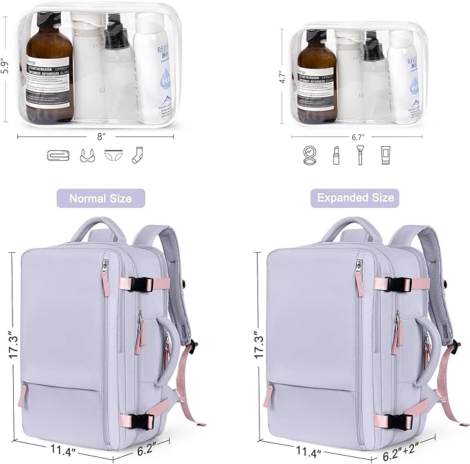 Hanples Large Travel Backpack for Women as Person Item Flight Approved, Waterproof 40L Carry On Backpack, 17 Inch Laptop Backpack for Business Bag with 2 Toiletry Bags (Gray Purple)