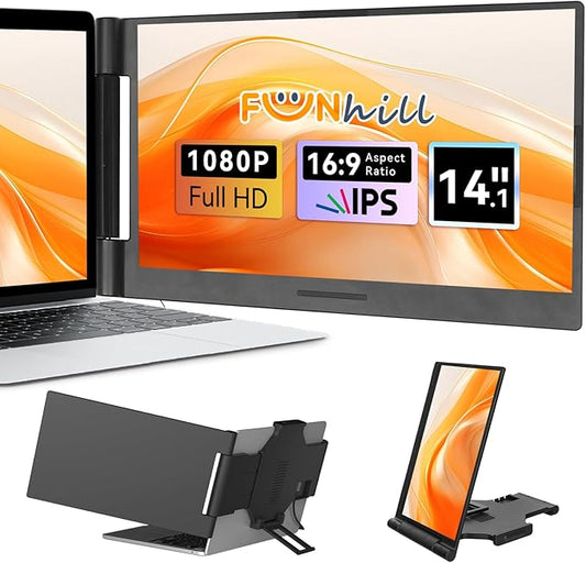 Laptop Screen Extender 14 inch Laptop Monitor Extender 1080P IPS, 280° Rotation Portable Monitor for Laptops 13-17.3" with USB-C DP/HDMI Port, Plug-Play Dual Screen for Windows/Mac/Chrome/Android