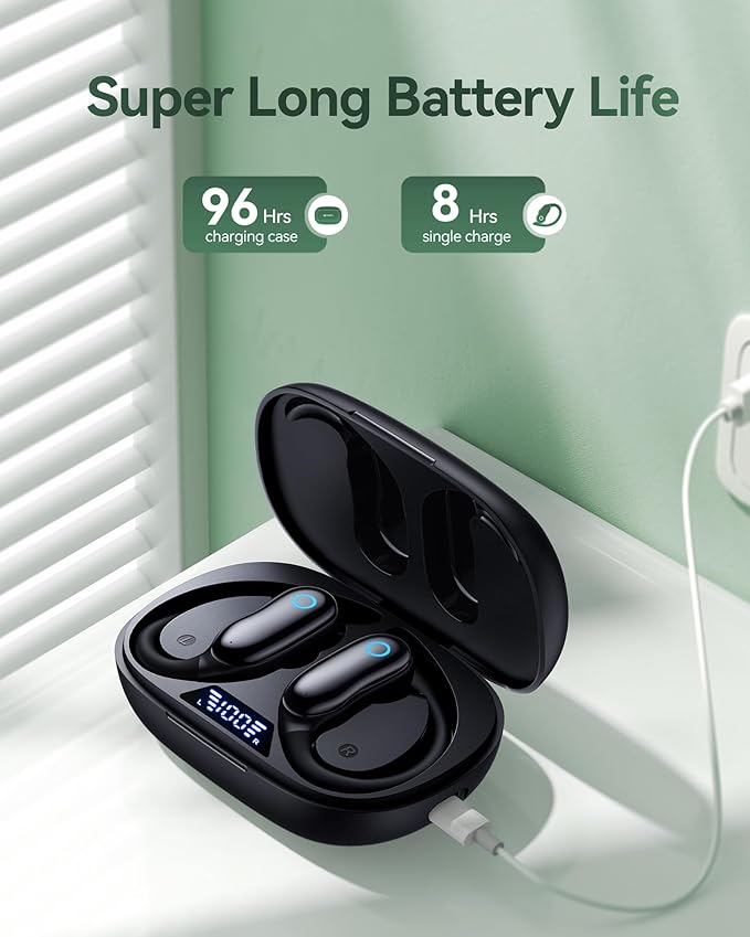 GNMN Active Noise Canceling Ear Buds Wireless Earbuds 96hrs Playback Bluetooth Headphones IPX7 Waterproof Stereo Bass Over-Ear Earphones with Earhooks Microphone LED Battery Display for Sports/Workout