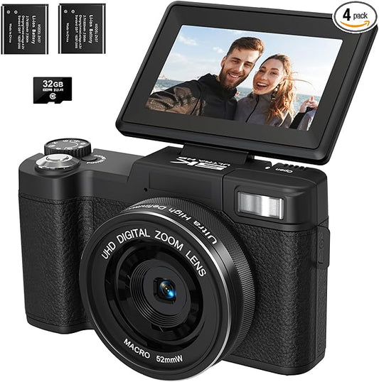 5K Digital Camera for Photography 64MP Auto-Focus Vlogging Camera for YouTube 3" 180° Flip Screen Compact Travel 18X Digital Zoom, Anti-Shake 2 Batteries & 32GB TF Card