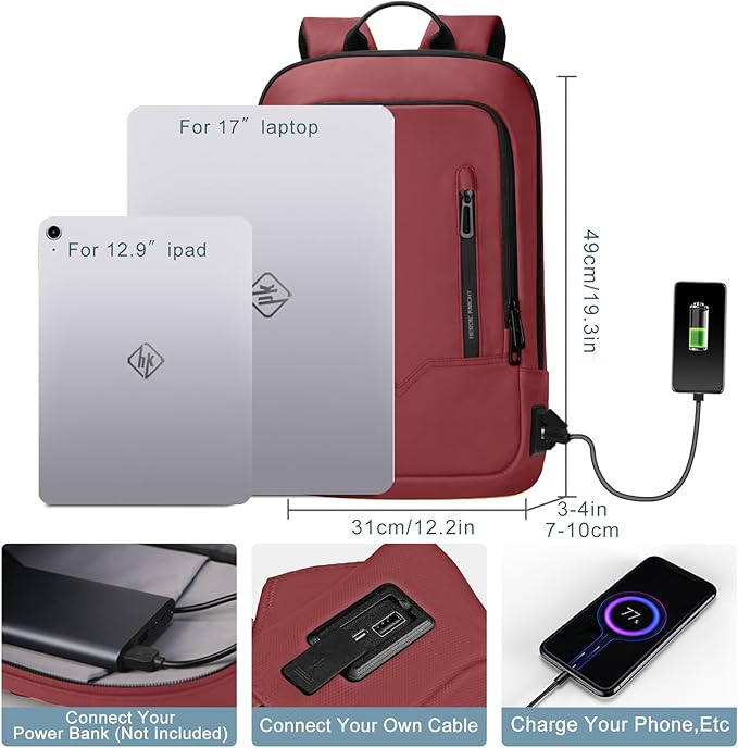 hk Backpack for Men Business Slim Backpack with USB Charger Computer Lightweight Anti-theft Travel (Red, 17.3 Inch)