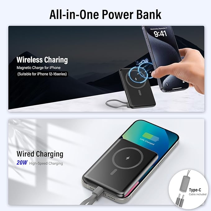 Magnetic Portable Charger, 5000mAh Ultra Slim Mag Power Bank, Wireless Battery Pack with USB C Cable, 20W PD Fast Charging, Magnetic Phone Charger for iPhone 16/15/14/13/12 Pro/Pro Max/Mini Series