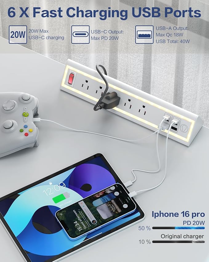 Desk clamp Power Strip (White, 5 Outlets & 6 USB Ports)
