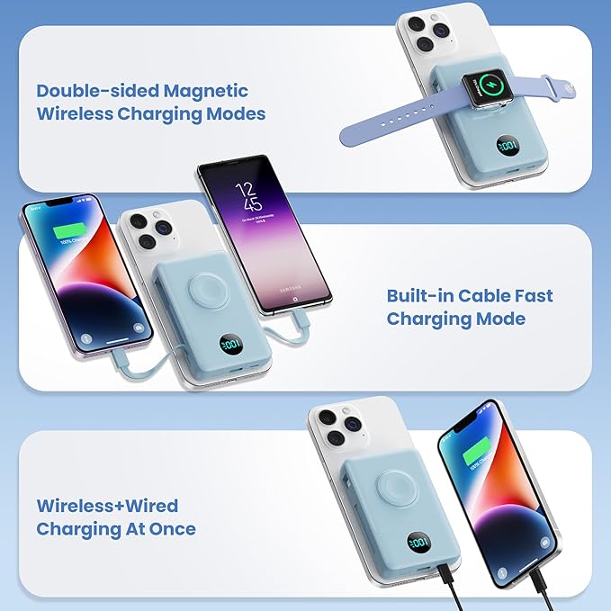 Magnetic Portable Charger 10800mAh for iPhone with Built-in Cables, 6-in-1 Wireless Power Bank with iWatch Charger, 25W PD Fast Charging USB C Battery Pack for iPhone 16/15/14/13,Apple Watch(Sky Blue)