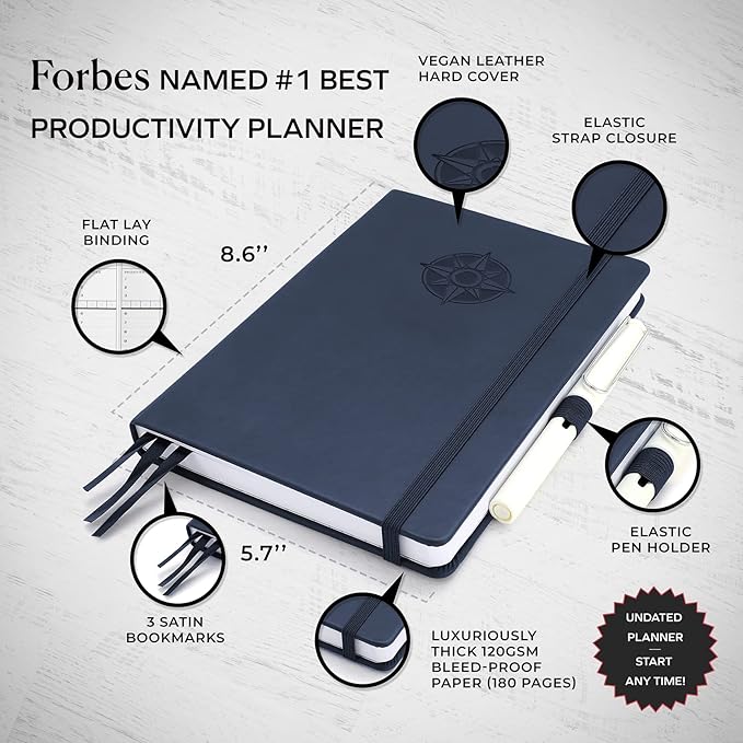 Smart Planner Pro – Undated Daily Planner – Small A5 – Achieve Goals & Increase Productivity – Weekly, Monthly, Work Sections, Organizer Diary with Back Pocket, 3 Satin Bookmarks & Pen Holder