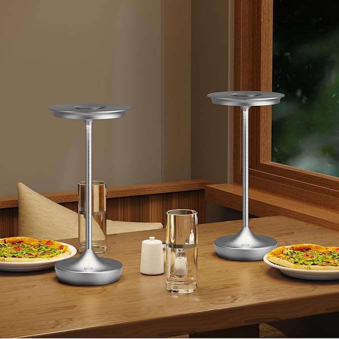 LED Cordless Table Lamps Rechargeable - Outdoor Battery Operated Portable Table Light 3 Color Stepless Dimming Tables Lamp with Memory Function for Patio Restaurant Dining 2 Pack Silver