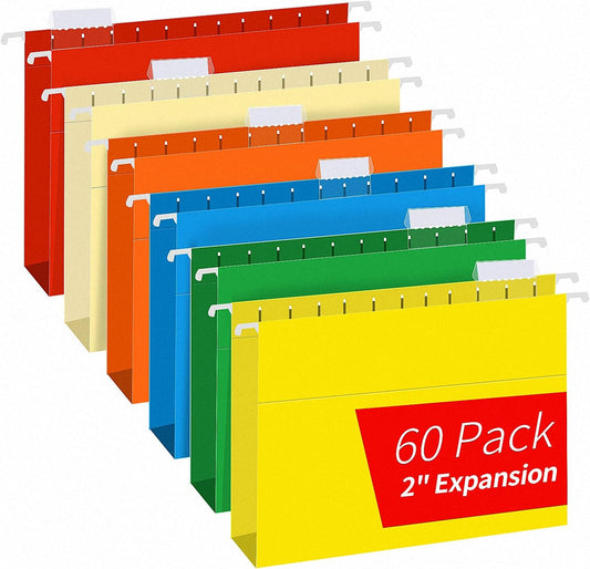 Extra Capacity Hanging File Folders, RAZCC 60 Pack Letter Size Reinforced Hanging Folders with Heavy Duty 2 Inch Expansion for Bulky Files, Filing Cabinet, Adjustable Tabs, Assorted Colors