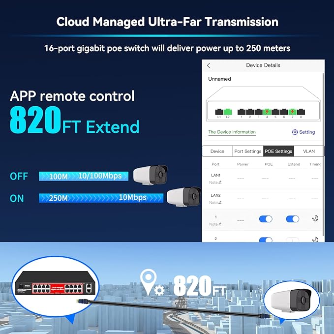 STEAMEMO 16 Port Gigabit PoE Switch, Smart Managed Gigabit Ethernet Switch, 16 PoE+ Ports@240W, Plug and Play, Vlan, Fanless, Desktop or Rackmount, Overload Protection w/ Port