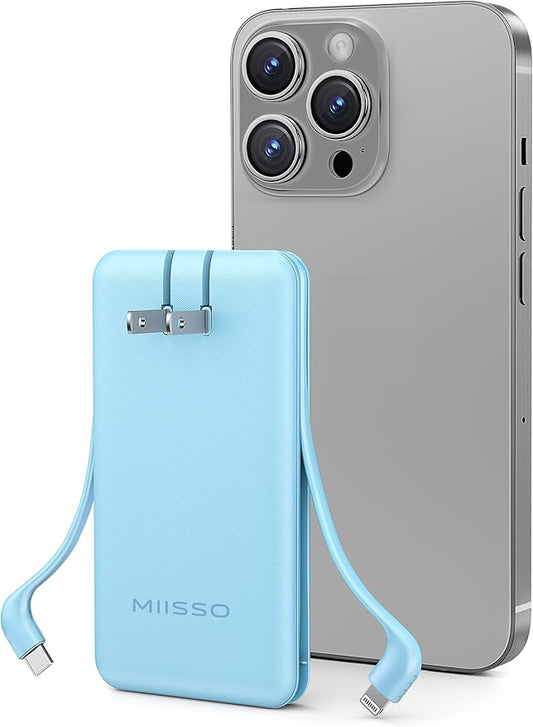 miisso Ultra Slim 10000mAh Power Bank Built-in Cables and Foldable AC Wall Plug, Pocket Size USB C Portable Charger, External Battery Pack Compatible with iPhone Samsung iPad etc, Blue