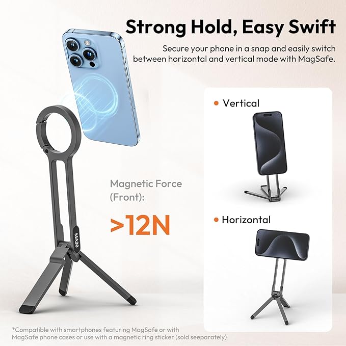 ULANZI MA30 Magnetic Phone Tripod Stand for iPhone - Aluminium Maglock Smartphone Mini Tripod Pocket Cell Phone Stand Strong Magnet Quick Mount Compatible with iPhone 17 16 15 14 13 12 Series, Silver