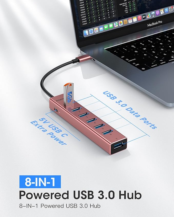 FORIDA USB C Hub-8 Port USB HUB with 7 USB3.0 Data Ports,Aluminum Alloy USBC Splitter with Type C 5V/3A Power Port Compatible with MacBook,iPad,Surface Pro,Laptop,PC (Rose Gold,USB C-9.8in)