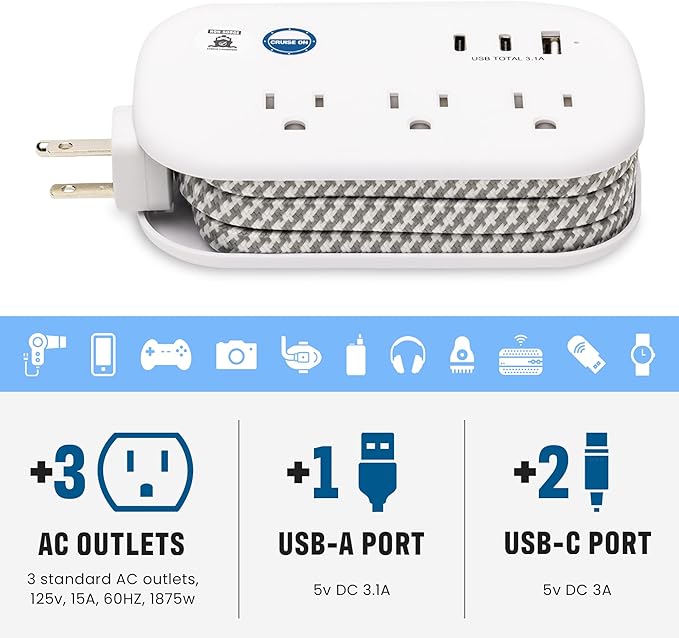 Cruise Approved Power Strip Non Surge Protector - 3.3 ft Wrapped Travel Extension Cord, 2 USB-C, 1 USB, 3 AC Outlet, Cruise Ship Essentials for Carnival, Princess & Major Lines 2025 & 2026