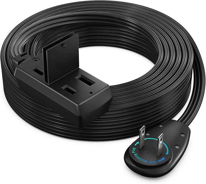 Maximm 25ft Extension Cord – 2-Prong Flat 360° Rotating Plug – Ultra Long Reach Cord – Perfect for Wall Hugger Setups – UL Certified – Black