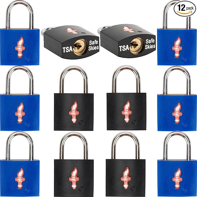 12 Pack Travel Lock, TSA Luggage Lock for Luggage, Suitcases & Gun Cases - Solid Brass Security Lock with Colored Shell (12 Colors: Black/Blue)